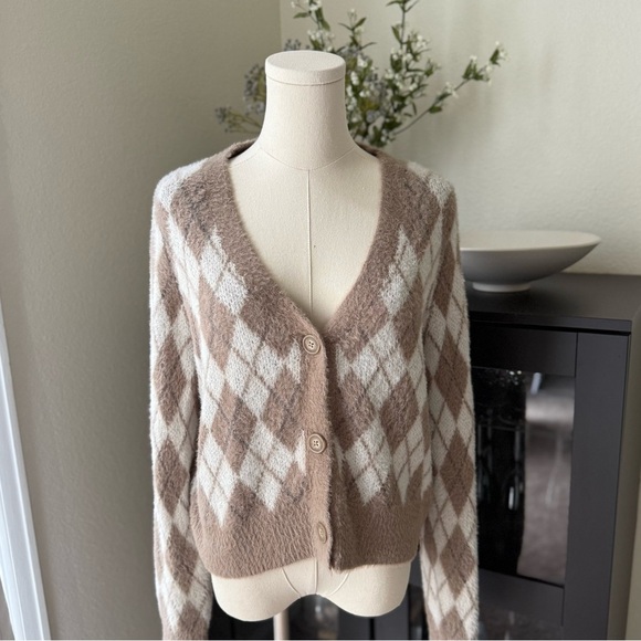 NWOT William Rast Argyle Patterned Brown and White Women's Sweater Size Large - Picture 6 of 9